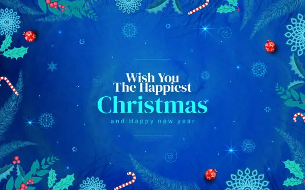 Vector illustration of Minimal Christmas Background. Festive design of sparkling lights blue garland, realistic balls baubles