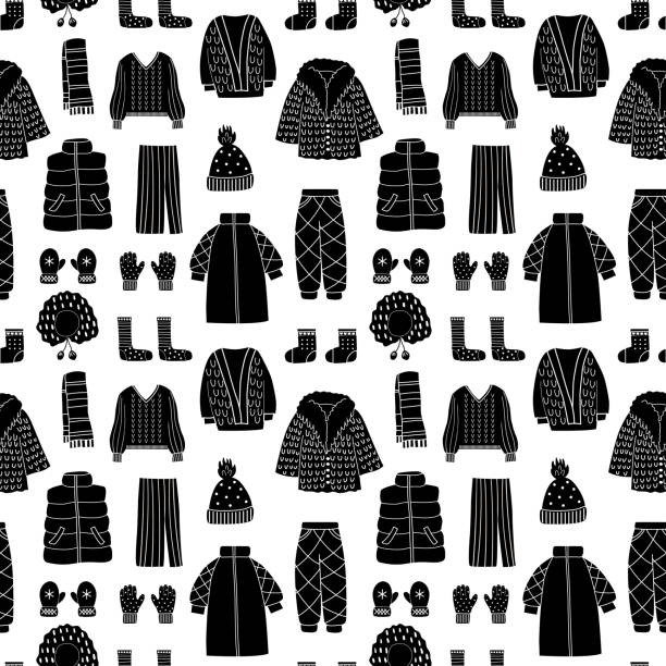 ilustrações de stock, clip art, desenhos animados e ícones de black and white seamless pattern with winter clothes - sweater cardigan isolated white background