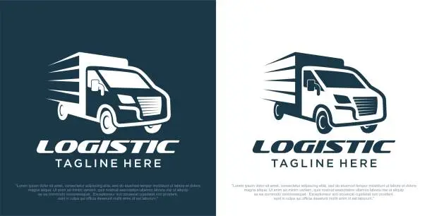 Vector illustration of logo with truck on white background, monochrome style