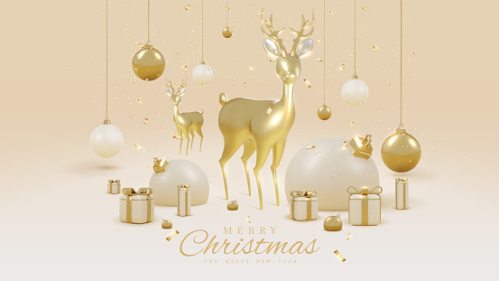 Luxury merry christmas background with realistic 3d gold deer with gift box element and ball decoration and ribbon. Vector illustration.