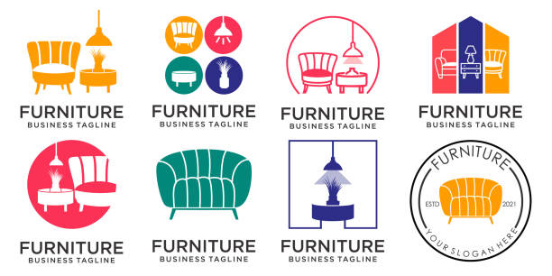 ilustrações de stock, clip art, desenhos animados e ícones de colorful furniture logo. symbol and icon set of chairs, sofas, tables, and home furnishings. - hotel room bed silhouette lamp