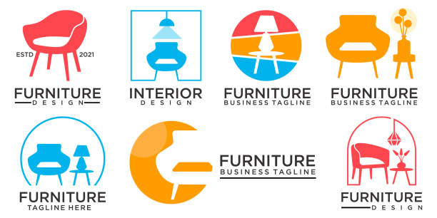 ilustrações de stock, clip art, desenhos animados e ícones de colorful furniture icons. symbol and icon set of chairs, sofas, tables, and home furnishings. - hotel room bed silhouette lamp