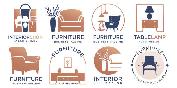 ilustrações de stock, clip art, desenhos animados e ícones de furniture interior icon set design template - hotel room bed silhouette lamp