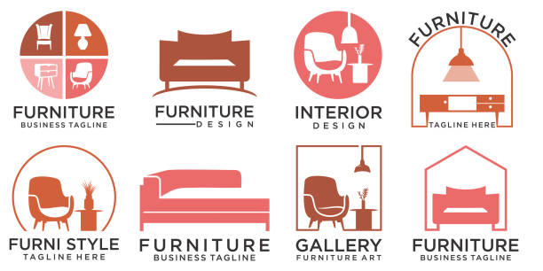 ilustrações de stock, clip art, desenhos animados e ícones de minimalist furniture icon set design style - hotel room bed silhouette lamp