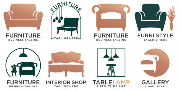 ilustrações de stock, clip art, desenhos animados e ícones de furniture icon set logo with modern concept design template - hotel room bed silhouette lamp