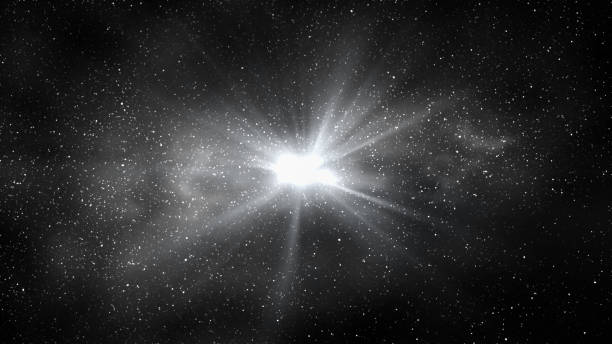 istock Burst of light in space. Night black starry sky and bright galaxy, horizontal background 1430571093