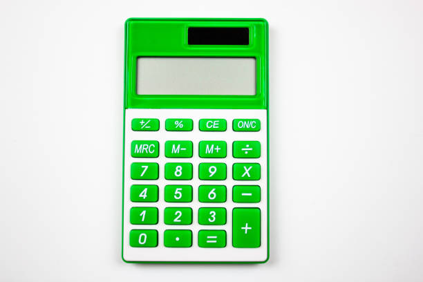 istock Green calculator on a white isolated background top view. 1430573698