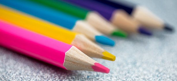 Close-up of multi colored sharpened pencils. Shallow depth of field.