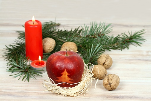 Christmas decoration with walnuts, red burning candle and green coniferous twig around.