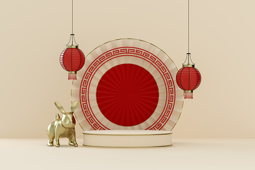 Empty podium, pedestal, product display stand, exhibition, Chinese new year ornaments, 2023 year of the rabbit.