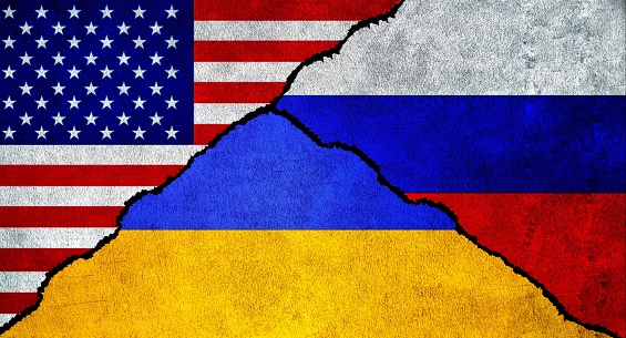 United States of America, Russia and Ukraine flag together on a textured wall