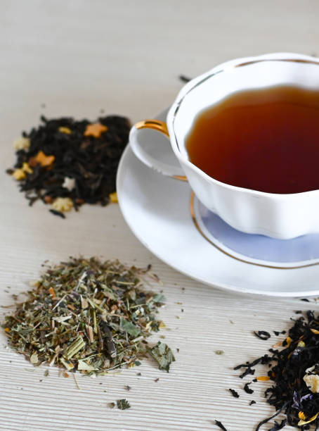 istock A set of different types tea next to the kettle filled with hot brewed tea on a beige background. 1430577368