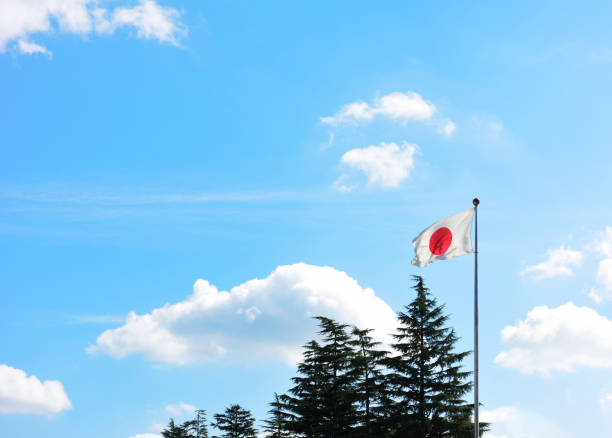 Japanese flag swaying in the wind with tree against clear sky.
