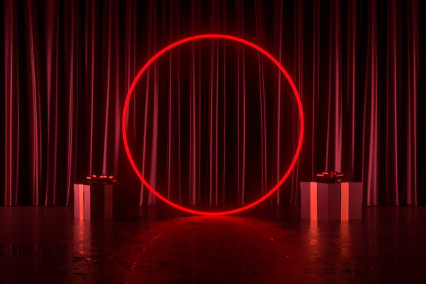 istock Christmas gift boxes and red color neon glowing lights curtain exhibition background 1430580657