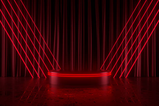 Empty Podium red color neon glowing lights curtain exhibition background Christmas new year concept stock photo