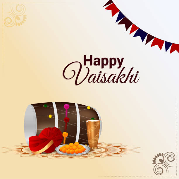 illustrazioni stock, clip art, cartoni animati e icone di tendenza di illustrazione vettoriale realistica del biglietto di auguri della celebrazione vaisakhi felice con dhol creativo - bhangra