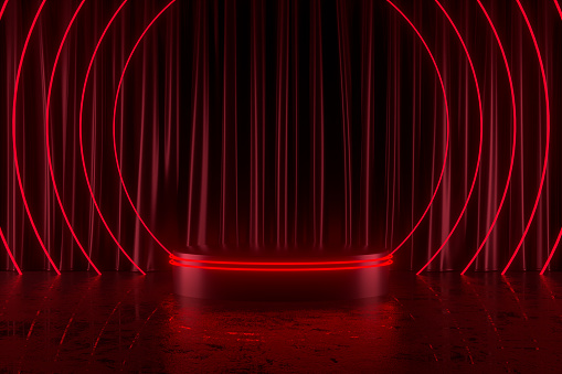 Empty Podium red color neon glowing lights curtain exhibition background Christmas new year concept, 3d render.