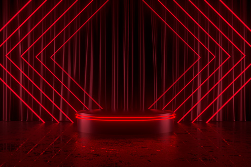 Empty Podium red color neon glowing lights curtain exhibition background Christmas new year concept, 3d render.