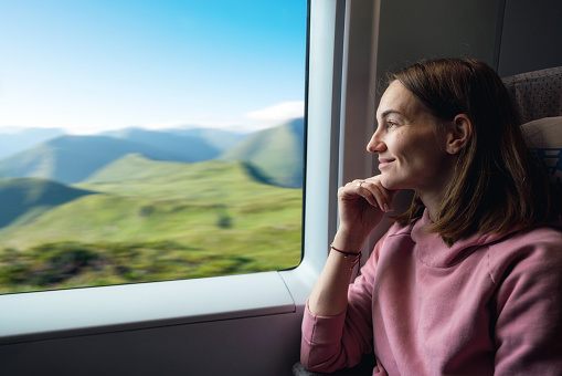 Pretty woman travelling on the train. Woman looking through the window on beautiful landscape