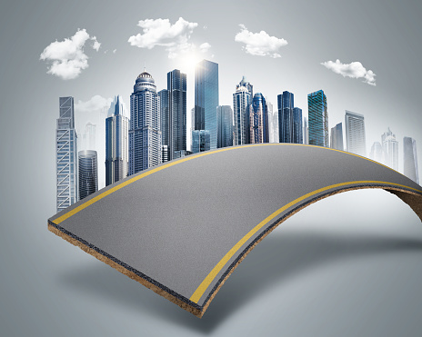 3d illustration of Bending road and highway isolated ads. city road isolated. city skyline with piece of land isolated.