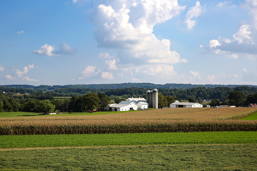 Farms in fall on the rolling hills in Strasburg, Lancaster County, Pennsylvania near Railroad Museum of Pennsylvania