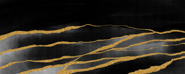 istock Watercolor black abstract texture with golden glittering lines. 1430591188