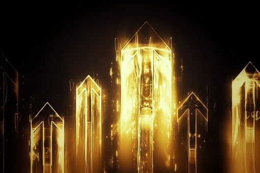 3d illustration of rising gold multiple light arrows