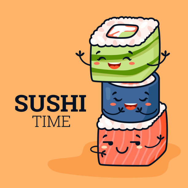 ilustraciones, imágenes clip art, dibujos animados e iconos de stock de tarjeta o banner kawaii de tiempo de sushi con lindas piezas de sushi ilustración vectorial. - comida japonesa
