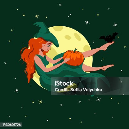 istock Witch sitting in front of the night sky with stars and moon full. 1430601726