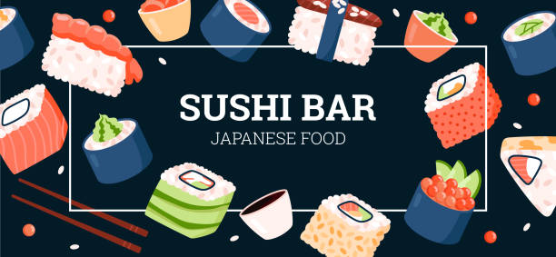 illustrazioni stock, clip art, cartoni animati e icone di tendenza di sushi cucina giapponese bar banner o volantino modello di illustrazione vettoriale piatta. - chef lunch food gourmet