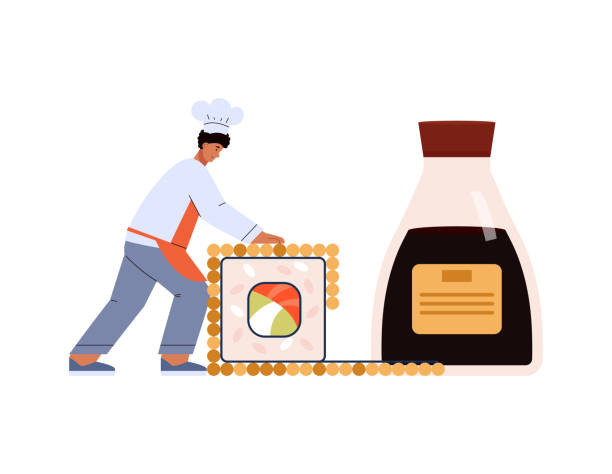 illustrazioni stock, clip art, cartoni animati e icone di tendenza di piccolo personaggio cuoco sushi che prepara panini, illustrazione vettoriale piatta isolata. - chef lunch food gourmet