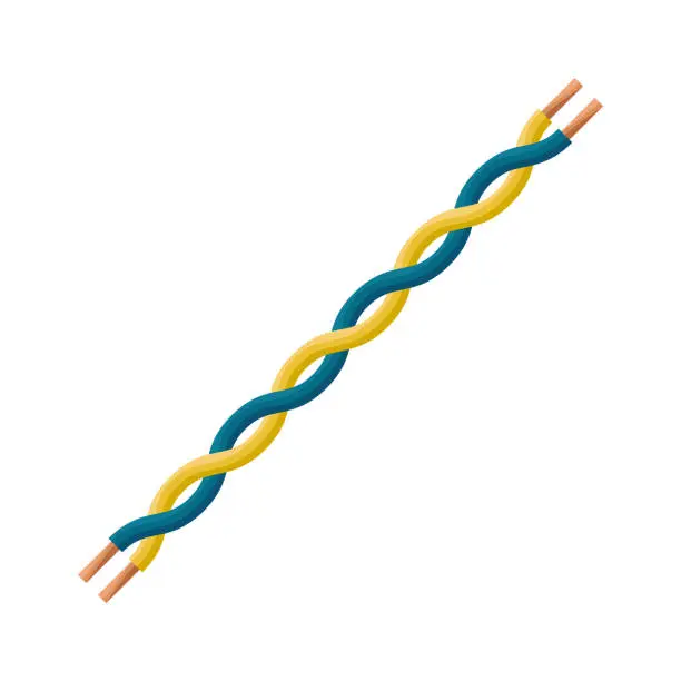 Vector illustration of Paired twisted electric wire. A wire is an electrical product that serves to connect an electric current source with a consumer, components of an electrical circuit. Vector illustration isolated on a white background for design and web.