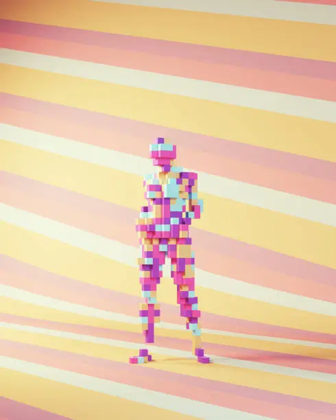 Woman Strong 1980s Abstract Fashion Model Strong Standing Pose Pink Blue Purple Pixel Art Cube Block Voxels Striped Background 3d illustration render