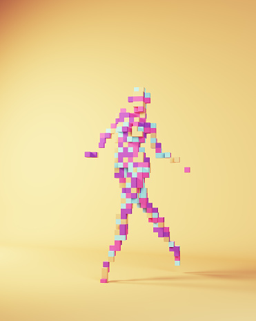 Woman Strong 1980s Abstract Fashion Model Striding Power Walk Pose Pink Blue Purple Pixel Art Cube Block Voxels 3d illustration render
