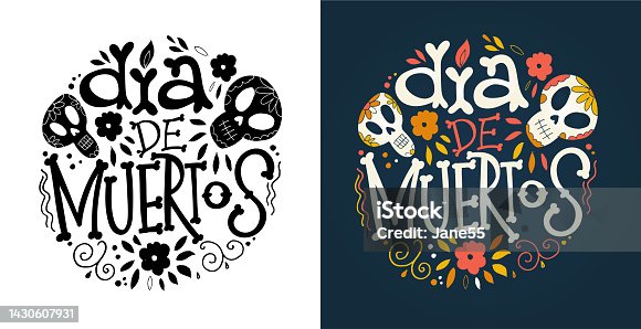 istock Day of the dead vector illustration set. Hand sketched lettering 'Dia de los Muertos' for postcard or celebration design. Flowers and herbs with hand drawn typography poster. 1430607931