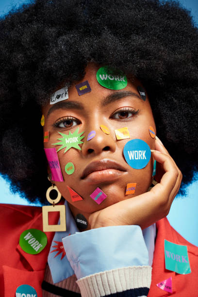 emoji portrait, fashion stickers and girl with thinking face expression with blue studio wall. frustrated, depressed and tired black woman with afro struggle with worker fatigue and burnout. - hairstyle human hair women retro revival imagens e fotografias de stock