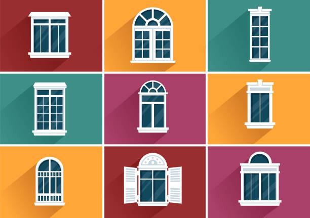 ilustrações, clipart, desenhos animados e ícones de arquitetura da casa com conjunto de portas e janelas várias formas, cores e tamanhos no modelo desenhado à mão desenho animado imagem plana de fundo - office backgrounds window glass