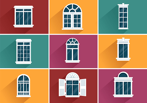 House Architecture with Set of Doors and Windows Various Shapes, Colors and Sizes in Template Hand Drawn Cartoon Flat Background Illustration