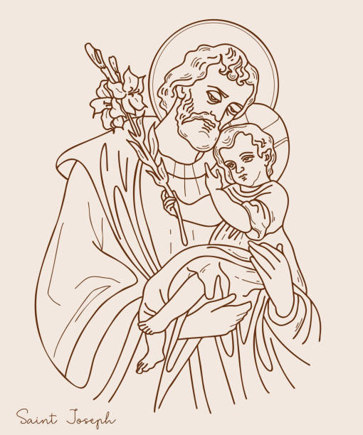 illustrazioni stock, clip art, cartoni animati e icone di tendenza di san giuseppe promessi sposi. icona santo antenato con gesù cristo e giglio in fiore. illustrazione vettoriale. disegnato a mano. contorno. per la decorazione di temi religiosi, festività cattoliche e cristiane. - rio de janeiro christ the redeemer jesus christ vector