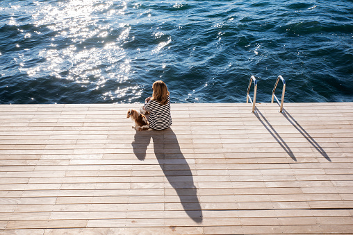 High angle shot of a woman wearing striped sweater while sitting with her cute dog on jetty by the sea.