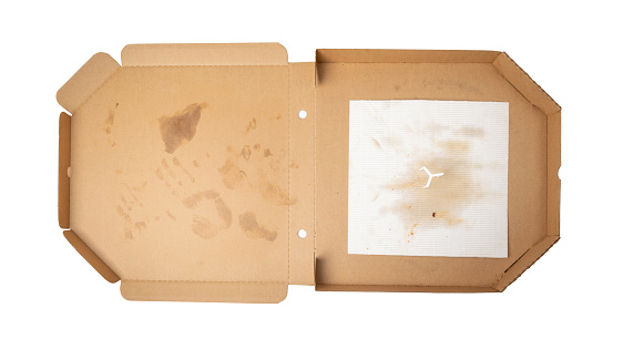 Empty pizza box isolated. Open delivery cardboard with crumbs, used greasy container, stained takeaway packaging, dirty pizza box on white background top view