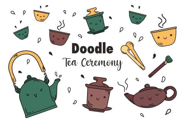 zestaw przedmiotów do tradycyjnego picia orientalnej herbaty. styl doodle. - chinese tea teapot isolated tea stock illustrations