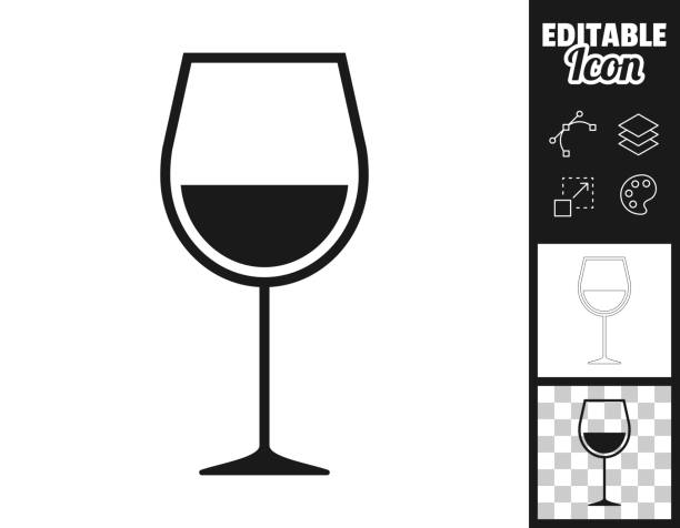 Wine glass. Icon for design. Easily editable Icon of "Wine glass" for your own design. Three icons with editable stroke included in the bundle: - One black icon on a white background. - One line icon with only a thin black outline in a line art style (you can adjust the stroke weight as you want). - One icon on a blank transparent background (for change background or texture). The layers are named to facilitate your customization. Vector Illustration (EPS file, well layered and grouped). Easy to edit, manipulate, resize or colorize. Vector and Jpeg file of different sizes. wine glass stock illustrations