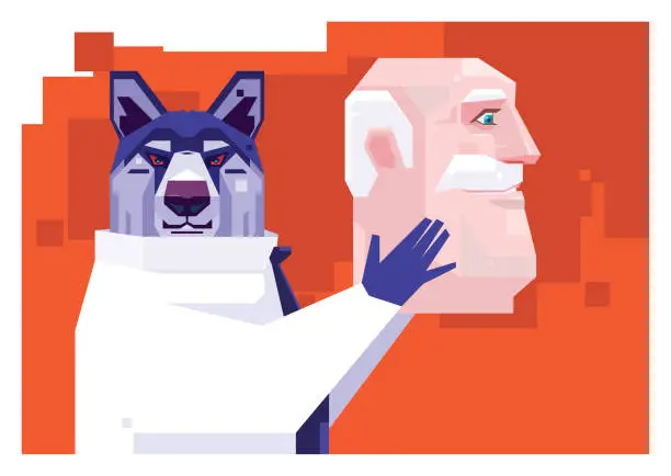 Vector illustration of businessman wolf holding senior man head mask