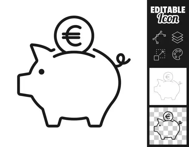 Vector illustration of Piggy bank with Euro coin. Icon for design. Easily editable