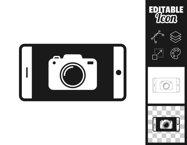 Smartphone with camera. Icon for design. Easily editable Icon of "Smartphone with camera" for your own design. Three icons with editable stroke included in the bundle: - One black icon on a white background. - One line icon with only a thin black outline in a line art style (you can adjust the stroke weight as you want). - One icon on a blank transparent background (for change background or texture). The layers are named to facilitate your customization. Vector Illustration (EPS file, well layered and grouped). Easy to edit, manipulate, resize or colorize. Vector and Jpeg file of different sizes. photo png pictures stock illustrations