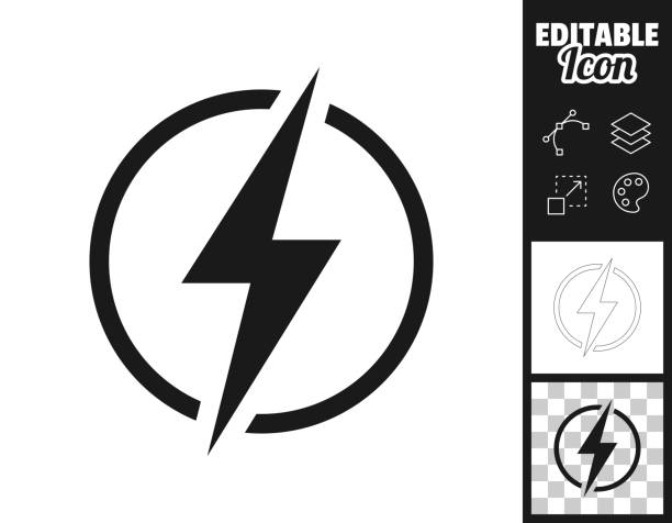 Power - lightning. Icon for design. Easily editable Icon of "Power - lightning" for your own design. Three icons with editable stroke included in the bundle: - One black icon on a white background. - One line icon with only a thin black outline in a line art style (you can adjust the stroke weight as you want). - One icon on a blank transparent background (for change background or texture). The layers are named to facilitate your customization. Vector Illustration (EPS file, well layered and grouped). Easy to edit, manipulate, resize or colorize. Vector and Jpeg file of different sizes. single line power isolated electricity stock illustrations