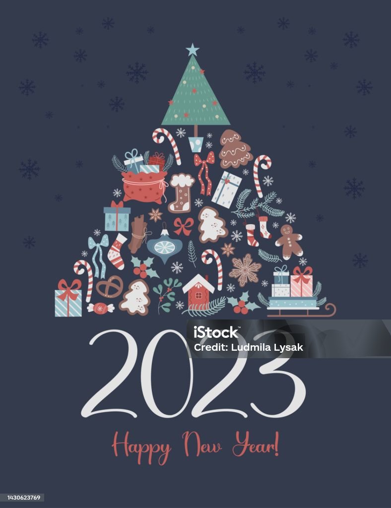 Vetores de Cartão De Saudação Feliz Do Ano Novo 2023 Árvore De Natal De  Símbolos Tradicionais E Decoração Festiva No Fundo Azul Ilustração Vetorial  Modelo De Pôster Vertical Moderno e mais imagens