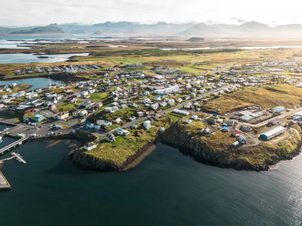 Stykkishólmur is a town situated in the western part of Iceland, in the northern part of the Snaefellsnes peninsula. It is known for its red lighthouse and the fishing harbor.
Aerial view on a calm day.
