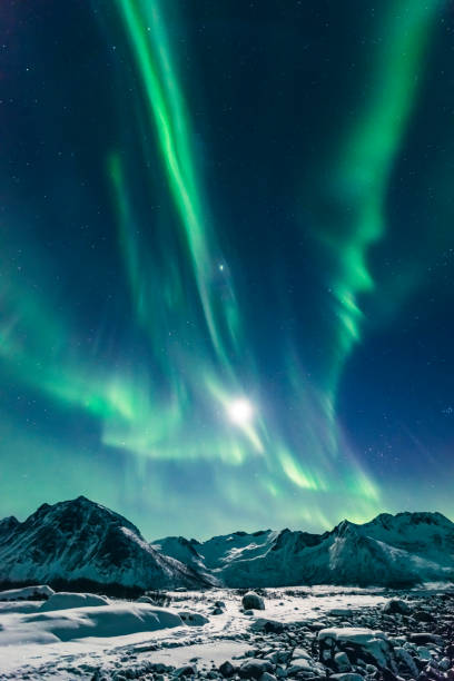 Northern lights or Aurora Borealis in night sky over Northern Norway during a cold winter night Northern Lights, polar light or Aurora Borealis in the night sky over Senja island in Northern Norway. Snow covered mountains in the background are illuminated by moonlight in a snow covered landscape. tromso stock pictures, royalty-free photos & images